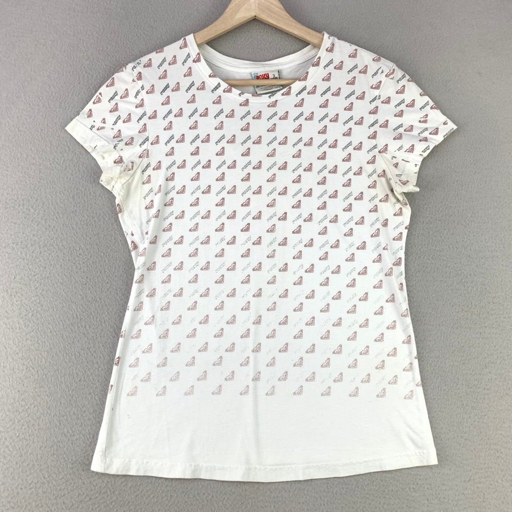 VTG Roxy Paradise All Over Print T-Shirt Women L White‎ Surf Logo USA Y2K